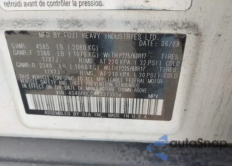 2010 Subaru Outback from USA, damaged, VIN 4S4BRBCC4A3313550